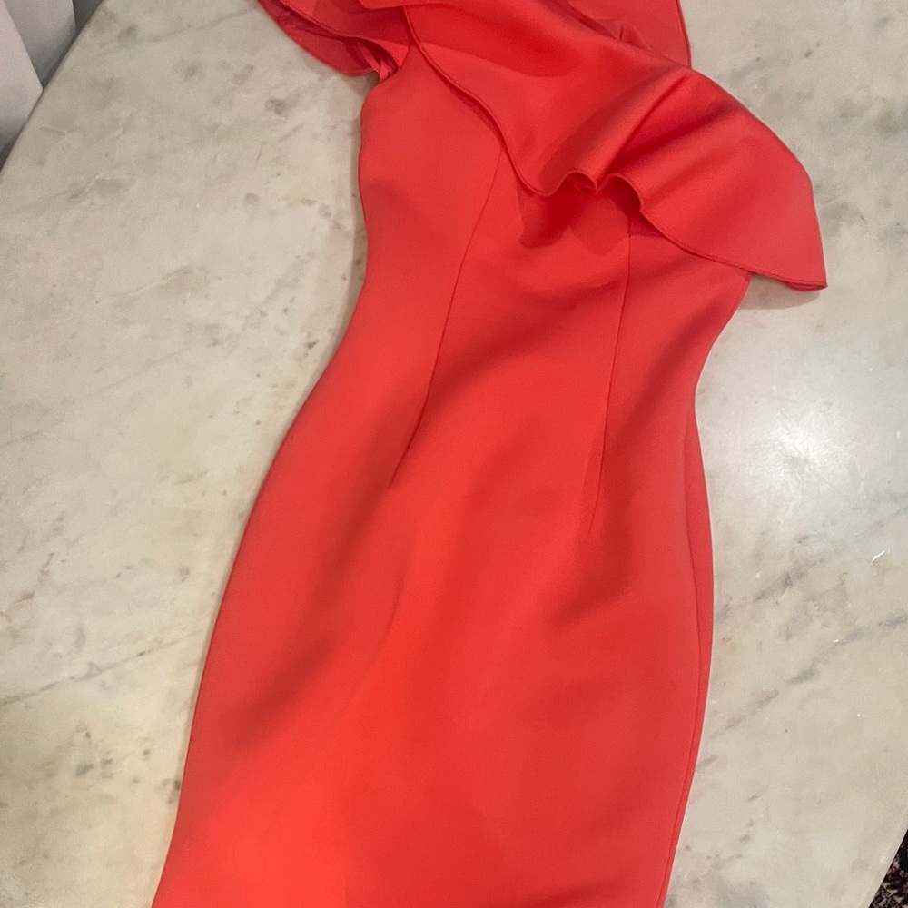 Jovani Vibrant Coral One-Shoulder Dress